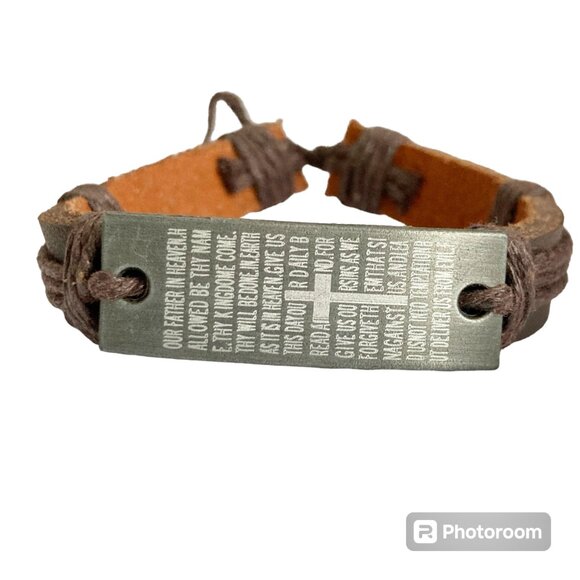 Vintage The Lords Prayer Leather Bracelet Mens Womens Adjustable Rope Catholic - Picture 1 of 10
